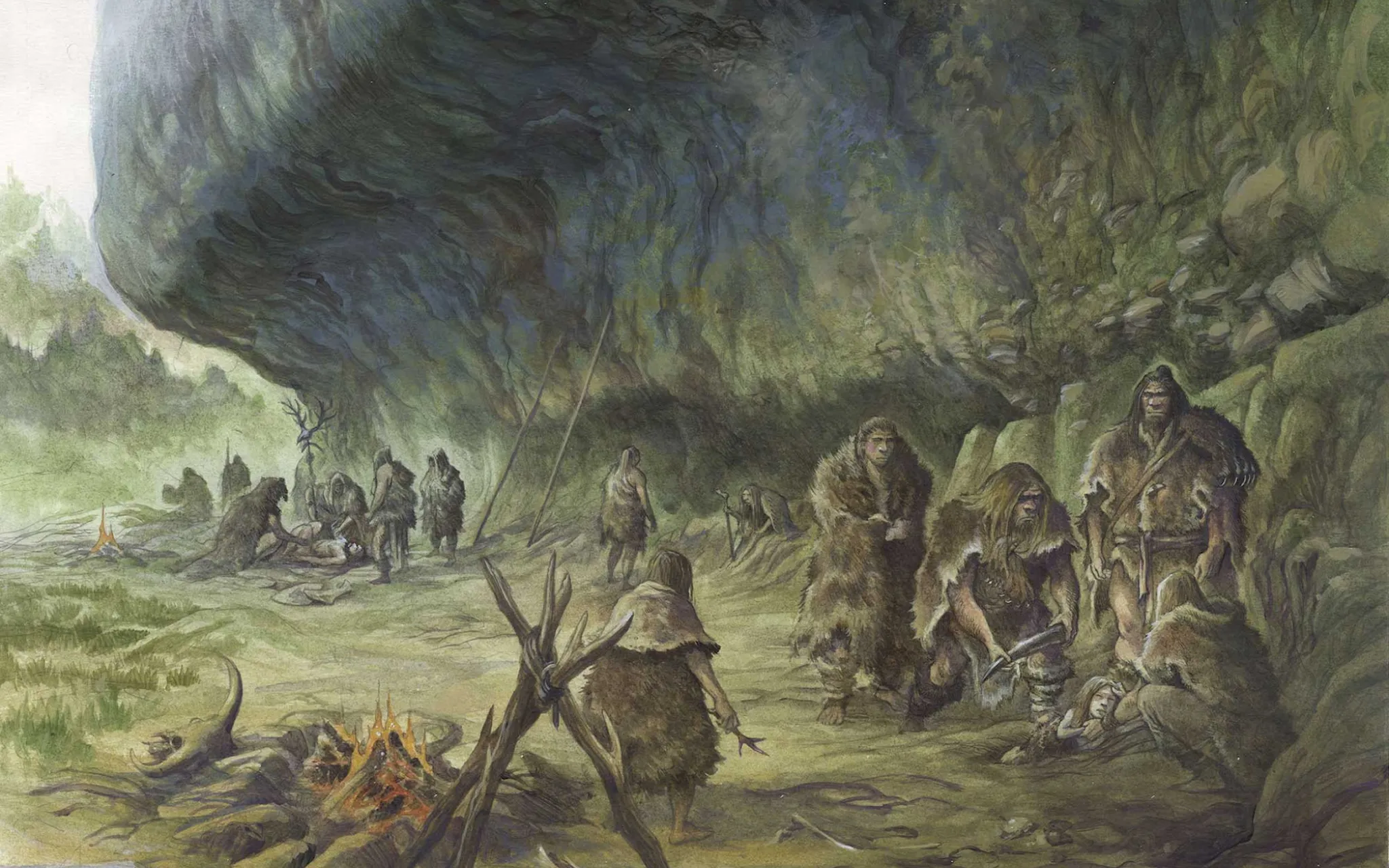 Reconstitution de l’enterrement de l’enfant par des Néandertaliens à La Ferrassie. (Illustration issue du livre Qui était Néandertal ? l’enquête illustrée, par Antoine Balzeau et Emmanuel Roudier, Belin, 2016) © E. Roudier