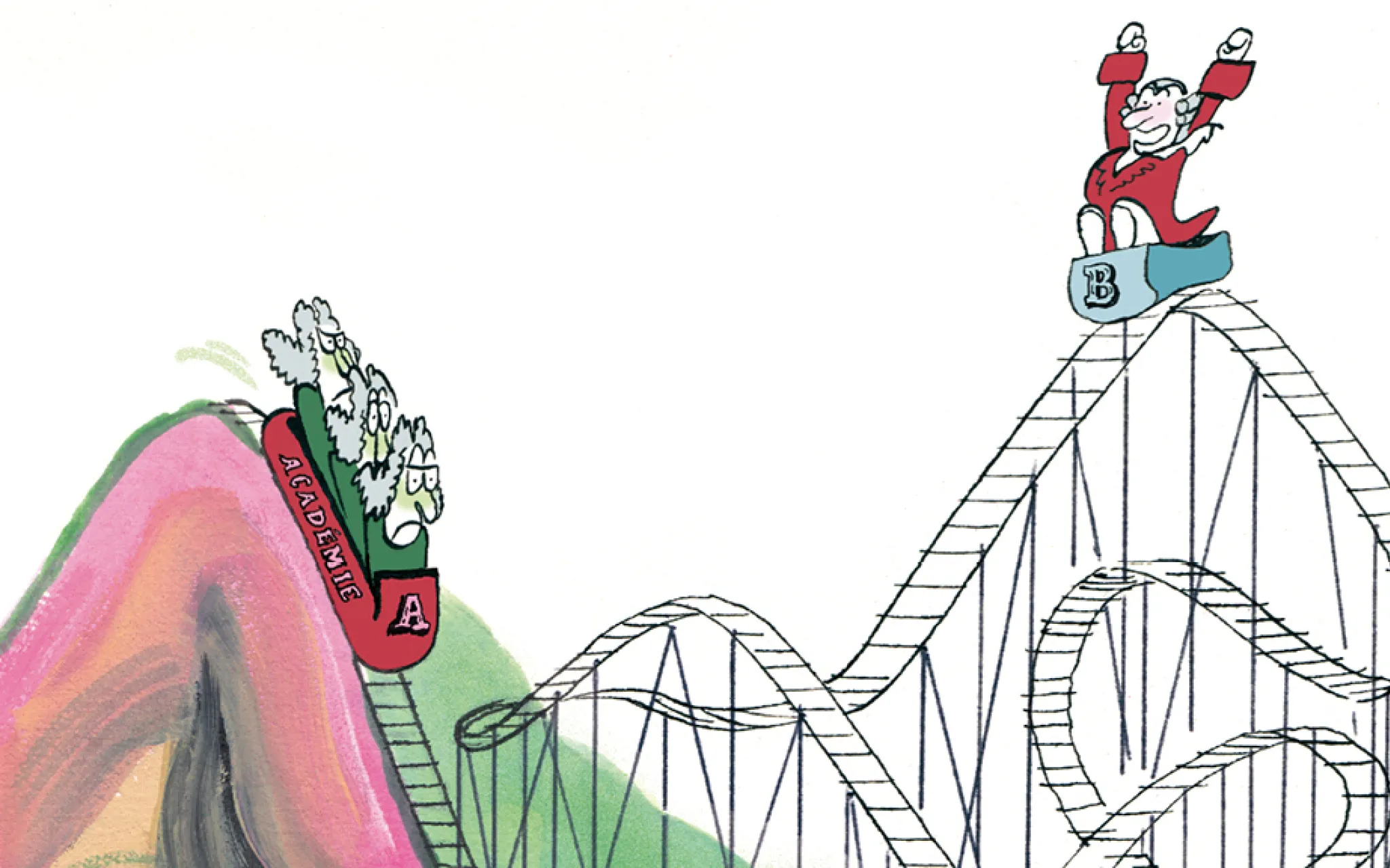 Illustration de Catherine Meurisse « Ici la Terre », représentant des personnages sur des montagnes russes