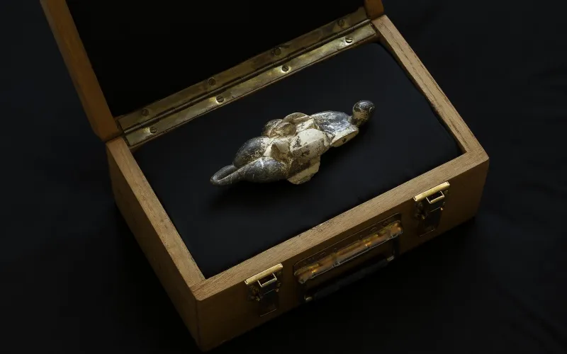 Statuette Vénus de Lespugue conservée dans une caisse.