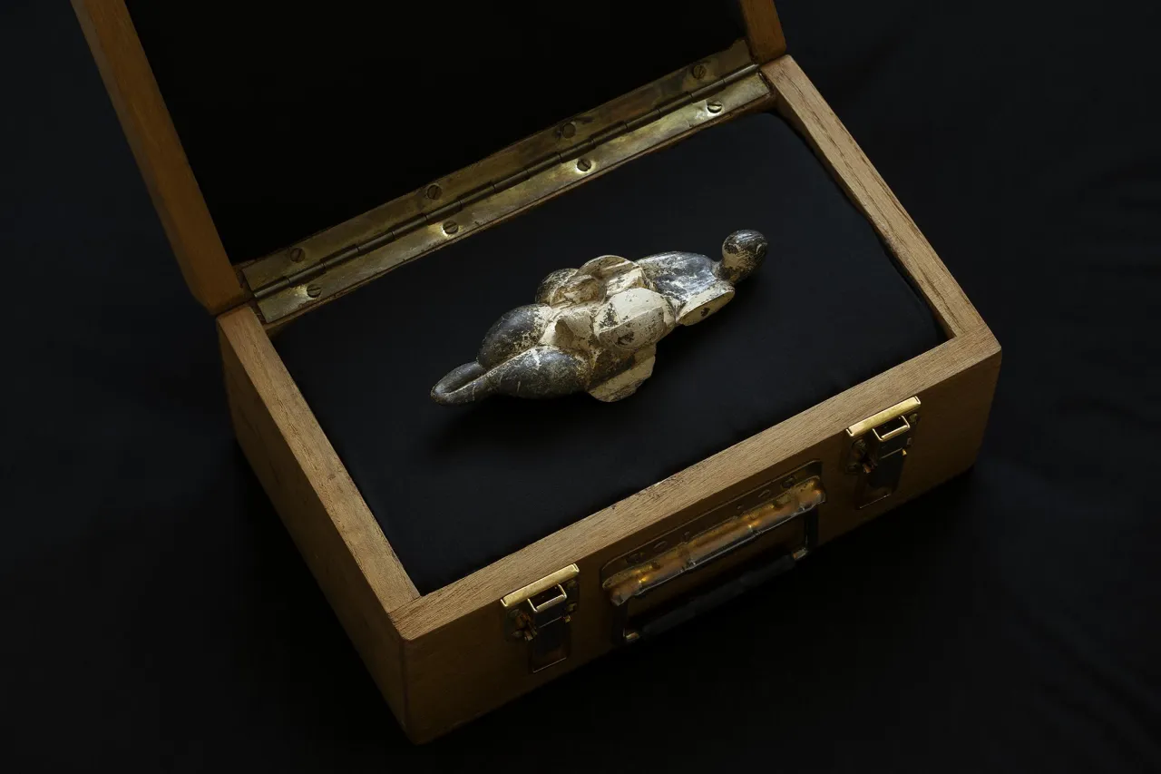Statuette Vénus de Lespugue conservée dans une caisse.