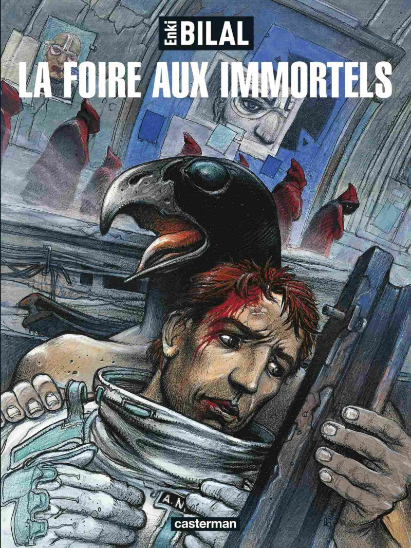 Couverture de la bande dessinée La foire aux immortels, montrant un homme à tête de faucon et un astronaute.
